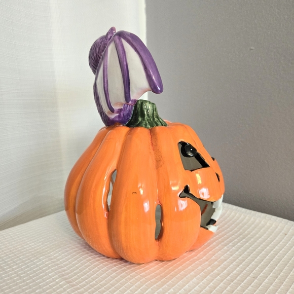 Vtg Halloween Pumpkin Bat Tealight Candle Holder Ceramic 2003 Read - Picture 6 of 12